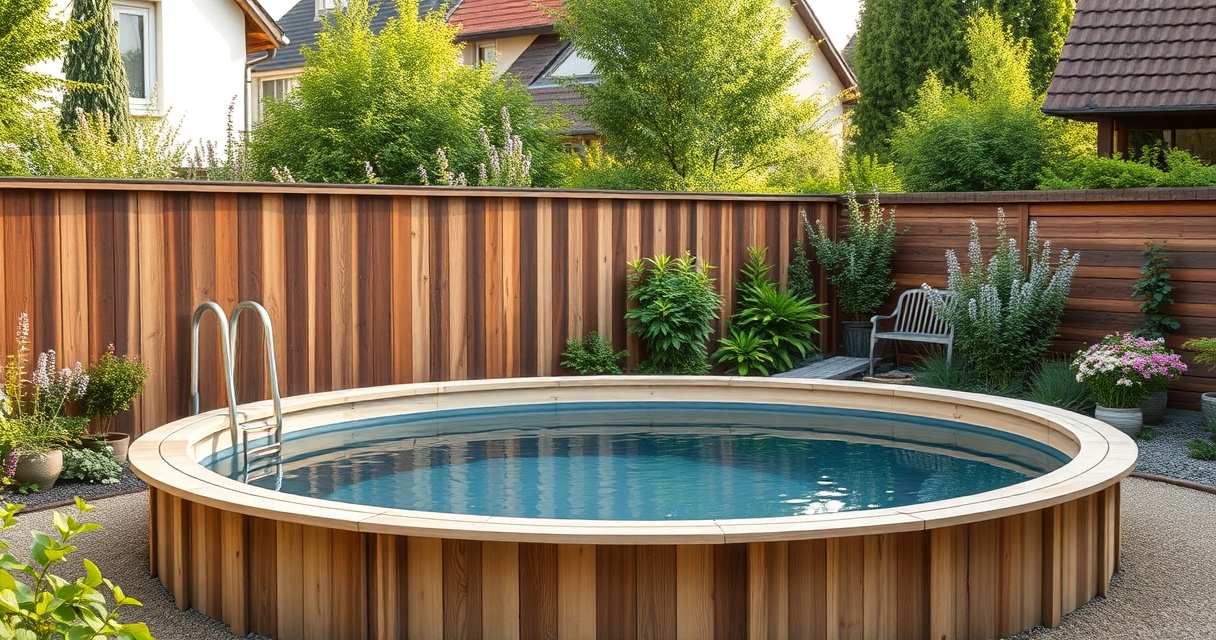 Runder Holzpool mit Holzverkleidung und Einstiegstreppe