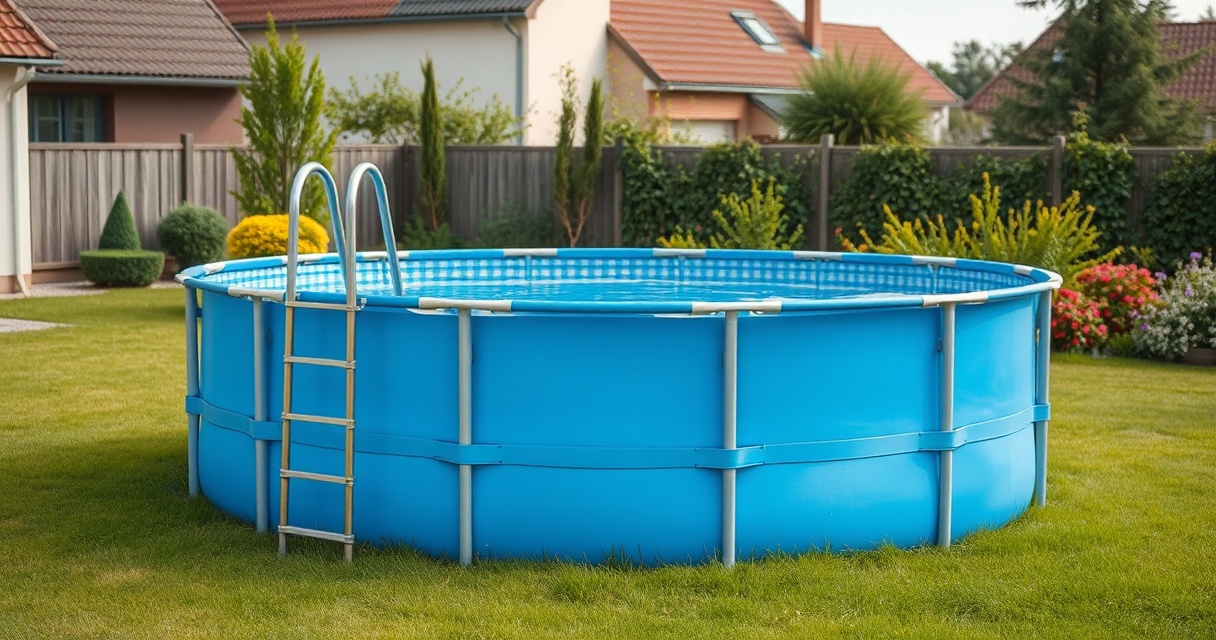 Runder Frame-Aufstellpool mit Leiter auf dem Rasen