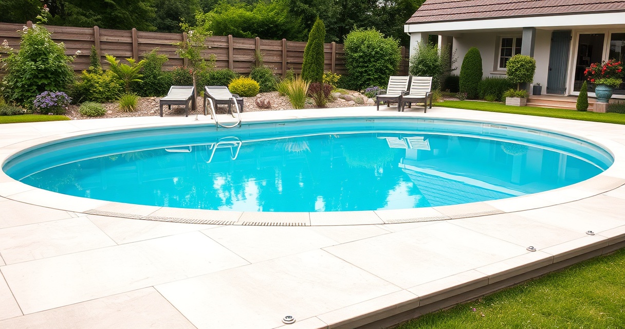 Frisch eingebauter GFK-Pool mit türkiser Beckenoberfläche