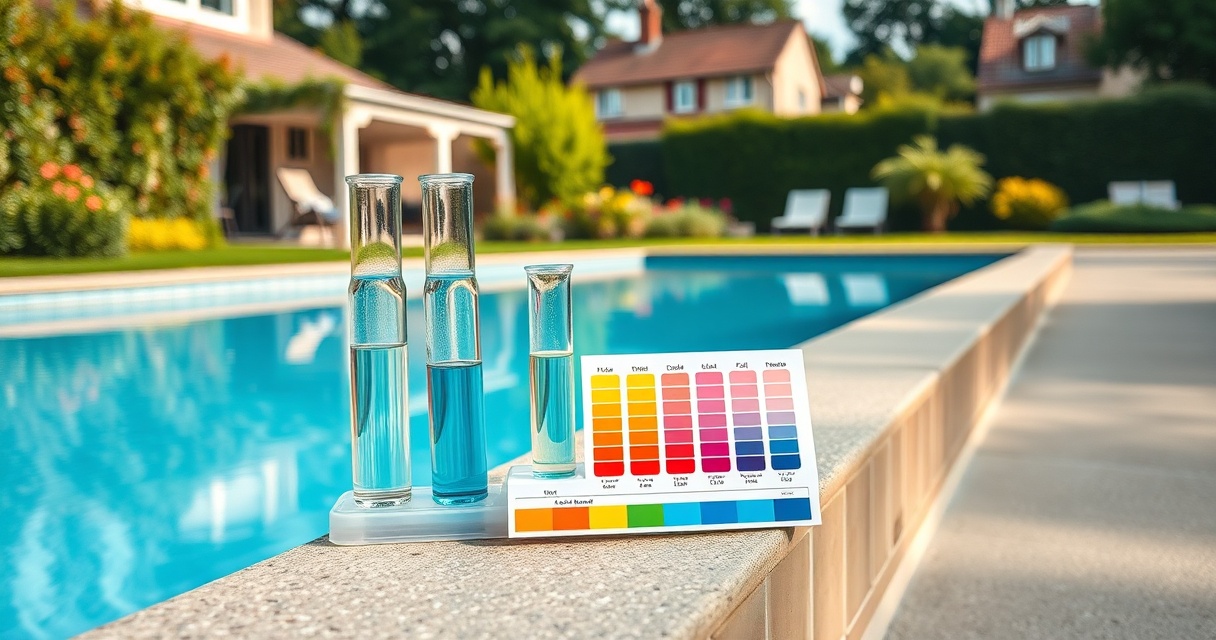pH-Testkit mit Farbskala am Poolrand