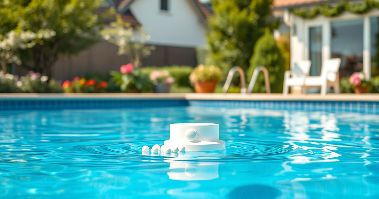 Schwimmender Chlordosierer mit Tabletten auf klarem Poolwasser
