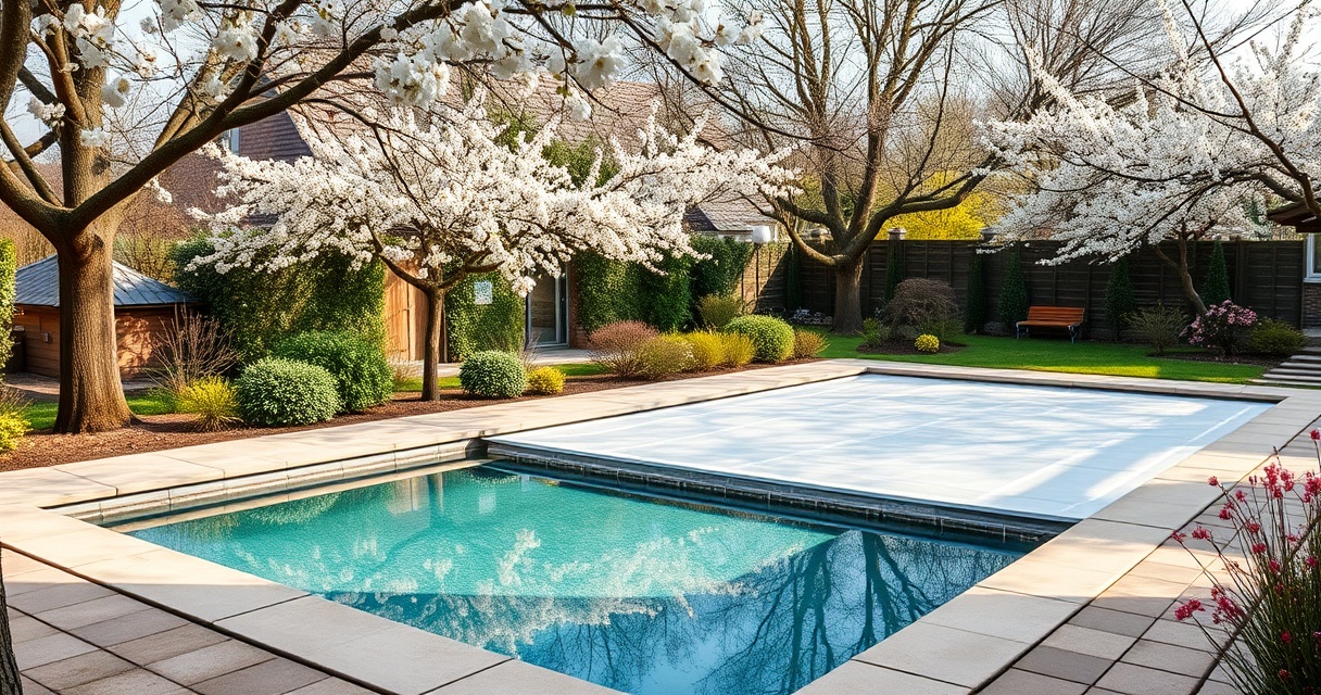 Pool mit halb abgenommener Winterabdeckung im Frühling
