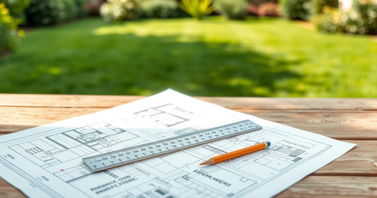 Bauplan und Zollstock auf einem Gartentisch – Poolplanung