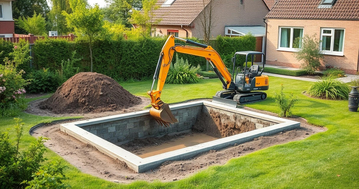 Bagger hebt eine Poolgrube im Garten aus