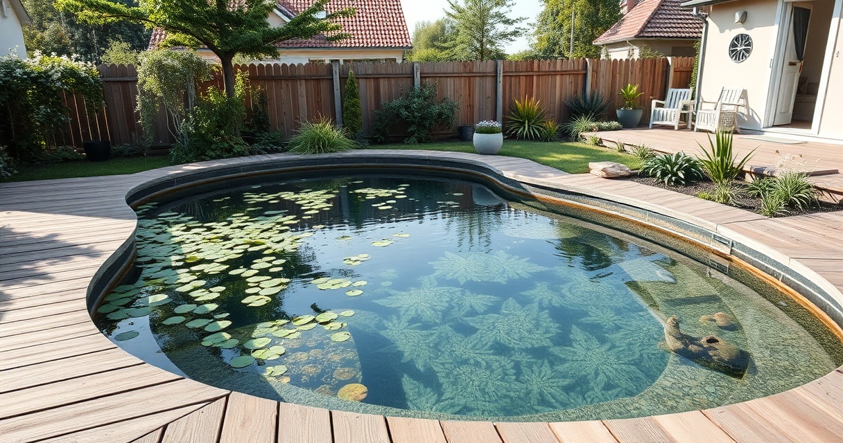 Schwimmteich mit Pflanzen-Regenerationszone und klarem Schwimmbereich