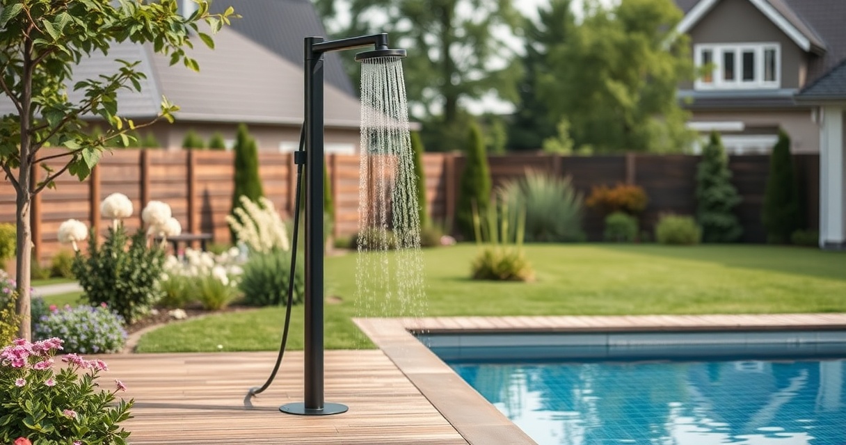 Schwarze Solardusche auf einem Holzdeck am Pool