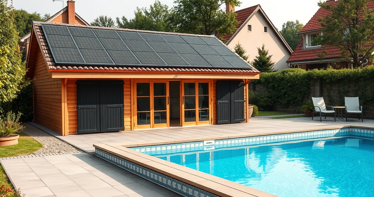 Schwarze Solarabsorber auf einem Schuppendach, Pool im Vordergrund