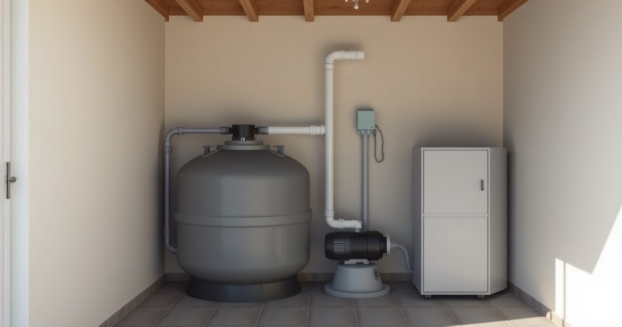 Technikraum mit Sandfilter, Pumpe und Zeitschaltuhr