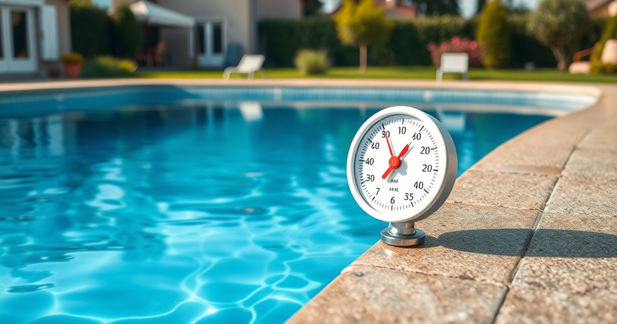 Schwimmendes Poolthermometer auf blauem Wasser