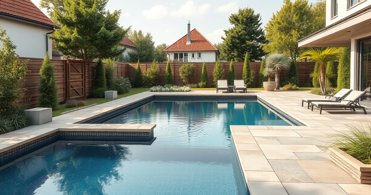 Moderner rechteckiger Gartenpool mit Natursteinterrasse