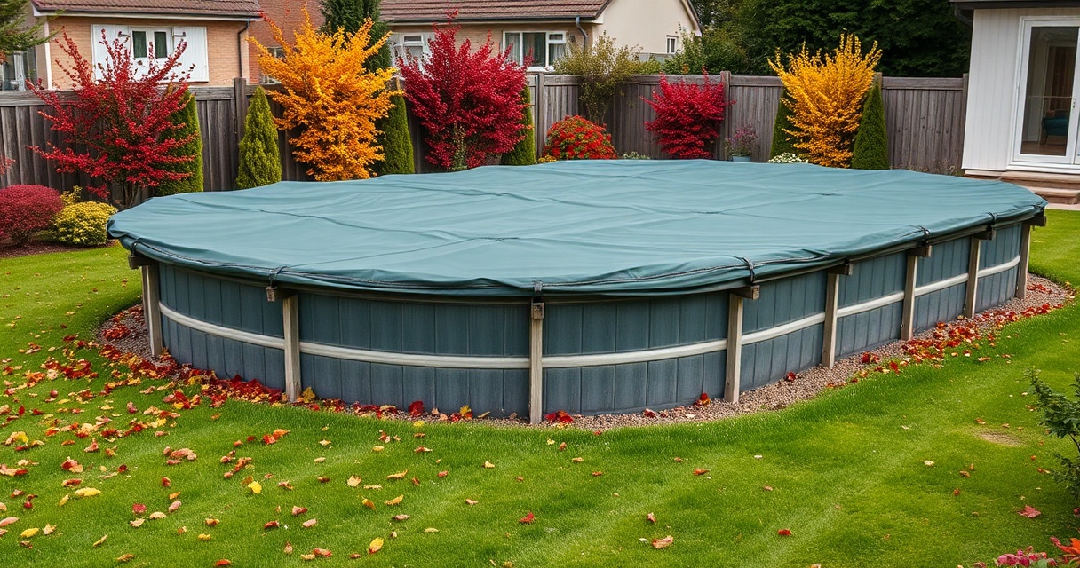 Pool mit dunkler Winterplane, Herbstlaub auf dem Rasen