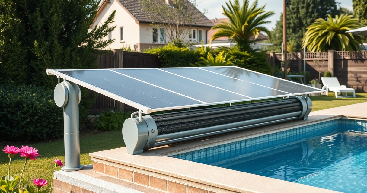 Solarfolie auf einer Aufrollvorrichtung am Beckenrand