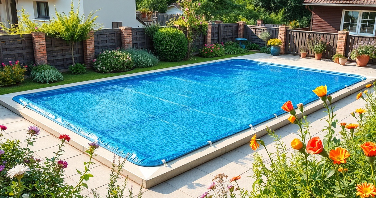 Pool komplett mit blauer Solar-Noppenfolie abgedeckt