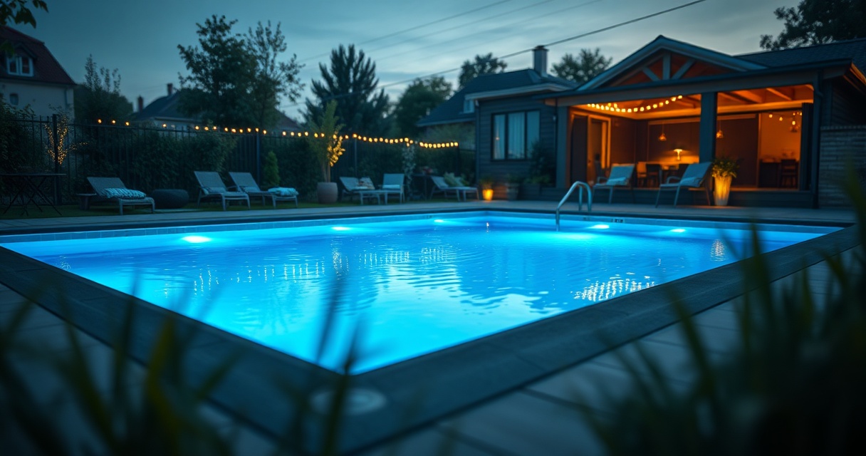 Pool in der Dämmerung mit blauer LED-Unterwasserbeleuchtung