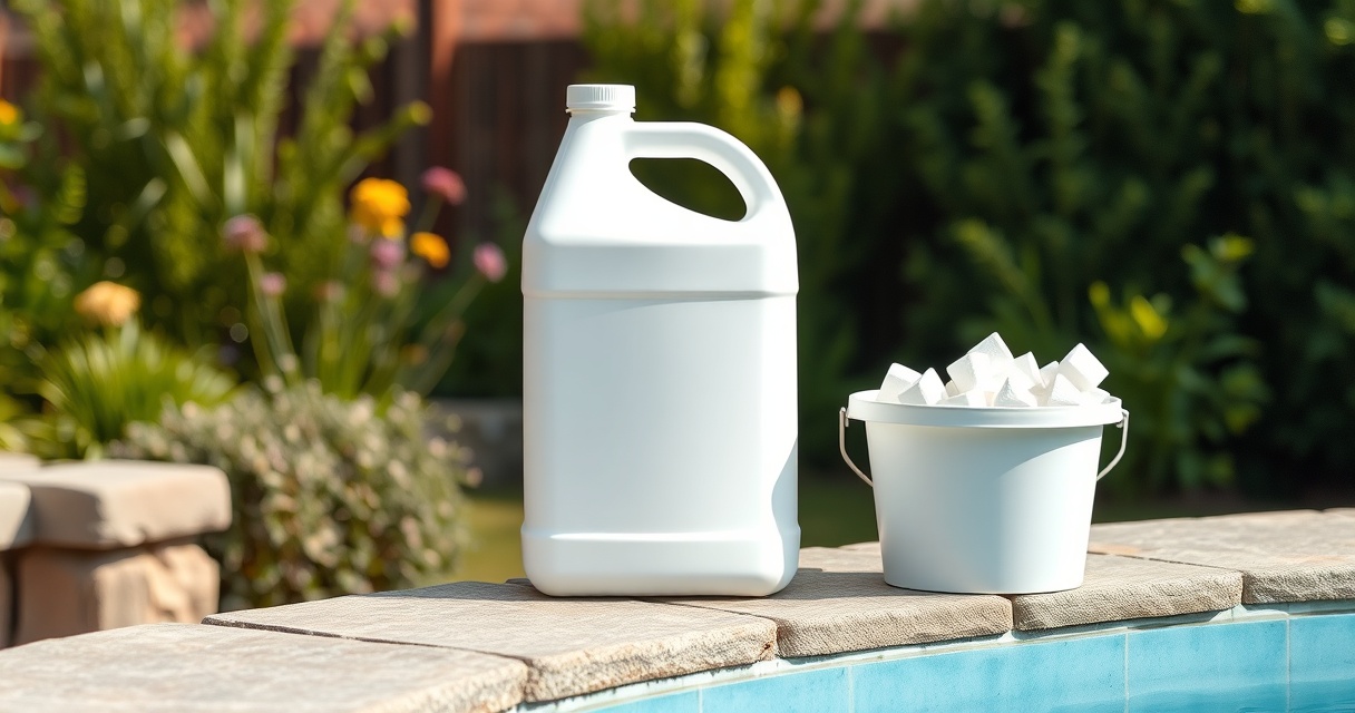Poolchemie-Produkte und Dosierflaschen am Beckenrand