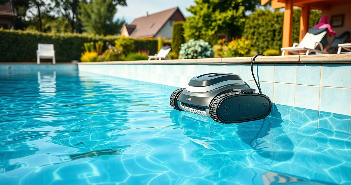 Poolroboter klettert die Poolwand bis zur Wasserlinie hoch