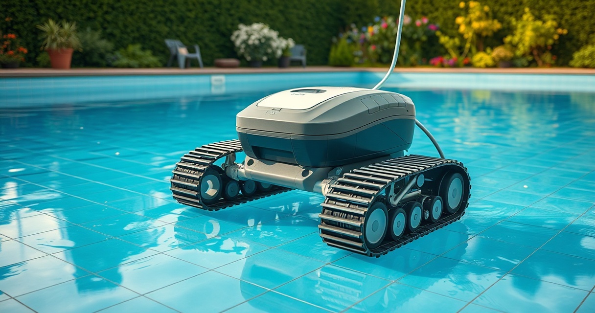 Poolroboter reinigt unter Wasser den gefliesten Poolboden