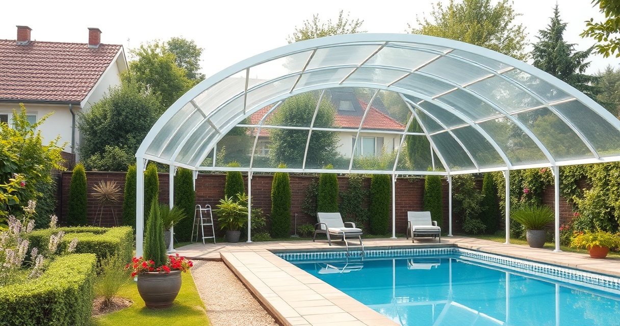 Flache Poolüberdachung aus Polycarbonat über einem Gartenpool