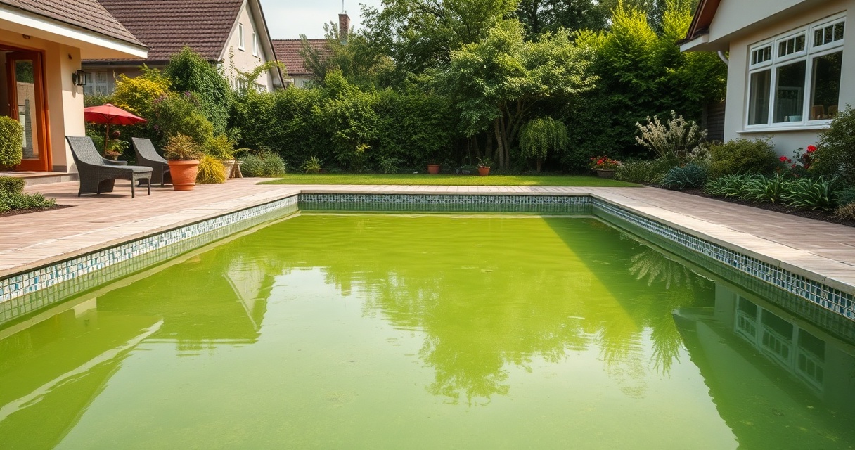 Gartenpool mit grünem, algenhaltigem Wasser
