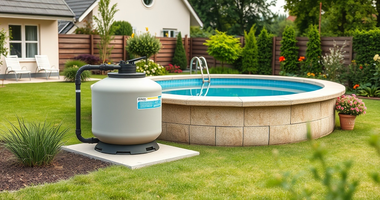 Sandfilter-Komplettanlage neben einem Gartenpool