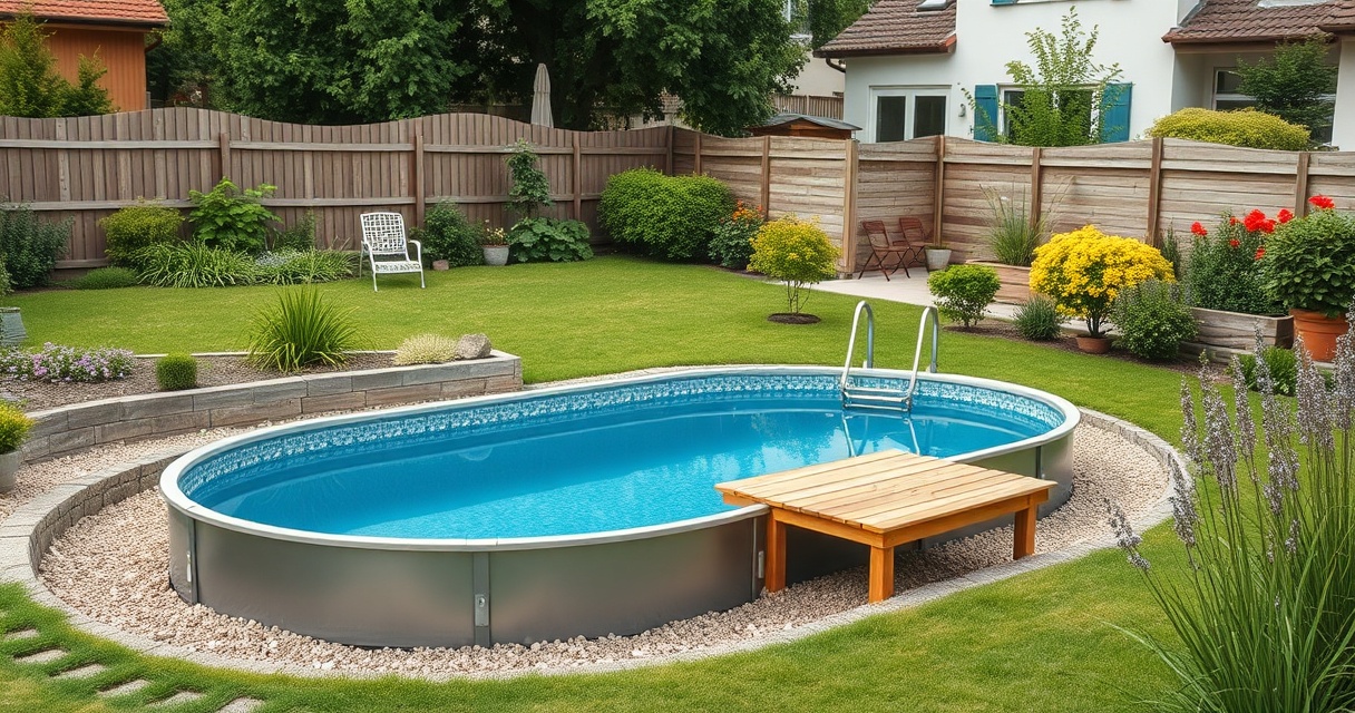 Ovaler Stahlwandpool, teilversenkt mit blauer Poolfolie