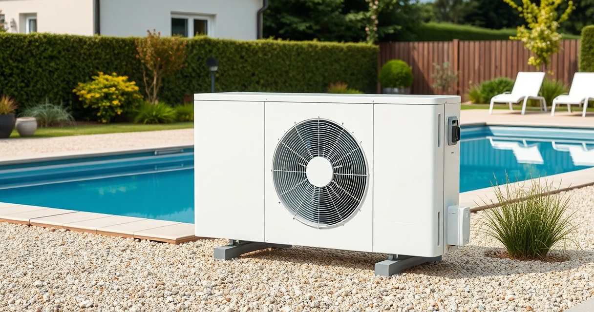 Pool-Wärmepumpe auf Betonsockel neben dem Pool